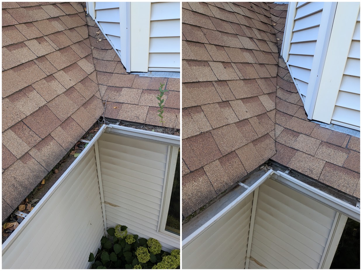 Before and after photos of a clogged valley gutter cleaned out
